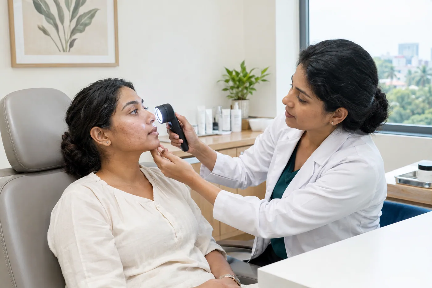A clinician conducting a careful acne scar assessment with a patient in a modern Colombo dermatology clinic
