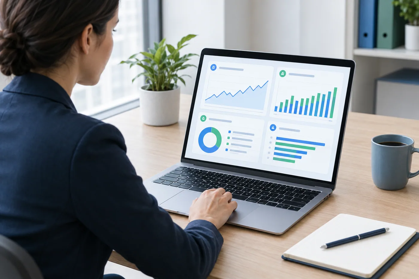 Business owner reviewing SEO report metrics on a laptop