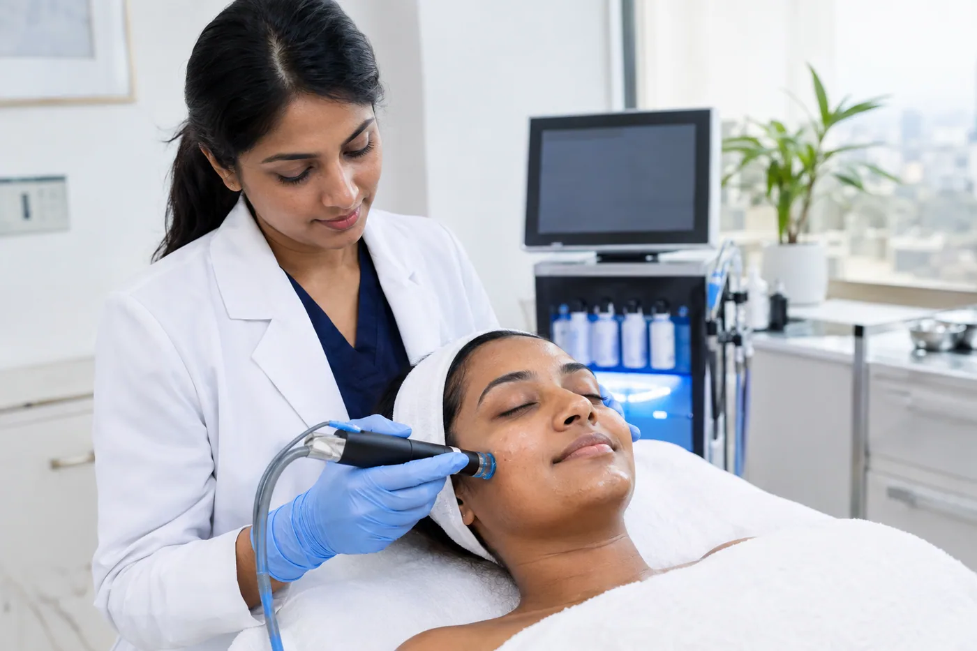 A clinician performing a gentle HydraFacial treatment on a Sri Lankan woman in a clean modern dermatology clinic
