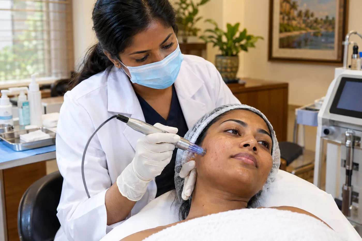 A clinician using a sterile microneedling pen on a patient’s cheek during acne scar treatment