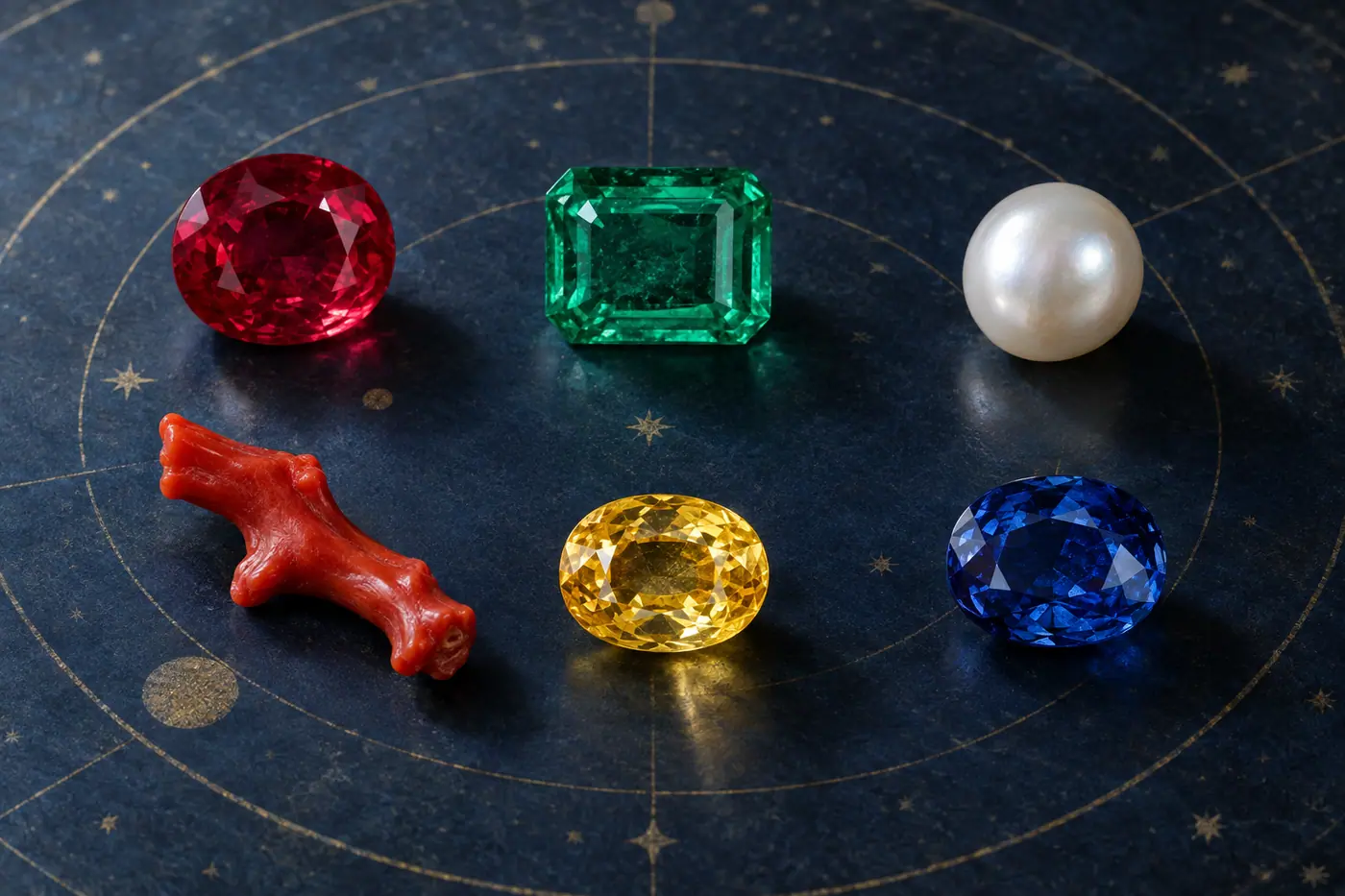 Traditional planetary gemstones displayed for a Vedic astrology explainer