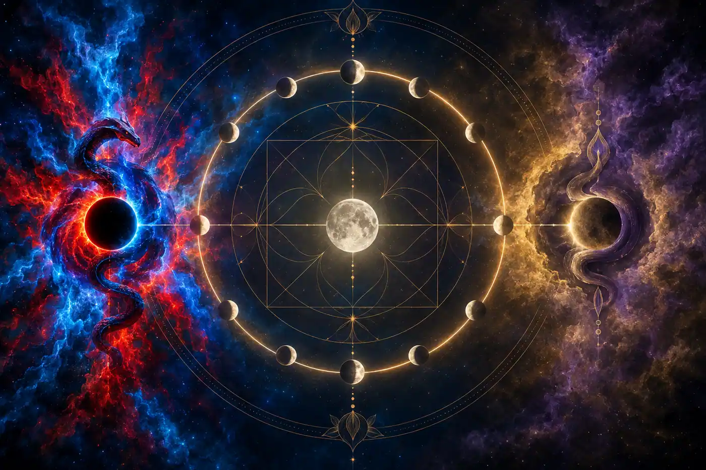 A symbolic Vedic astrology illustration showing Rahu and Ketu as opposite points on a luminous lunar orbit around an astrology chart, with one side suggesting ambition and the other suggesting detachment