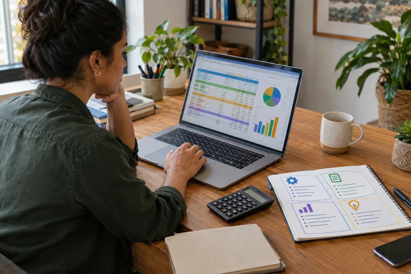 Business owner reviewing an SEO budget spreadsheet with technical work, content, reporting, and strategy costs