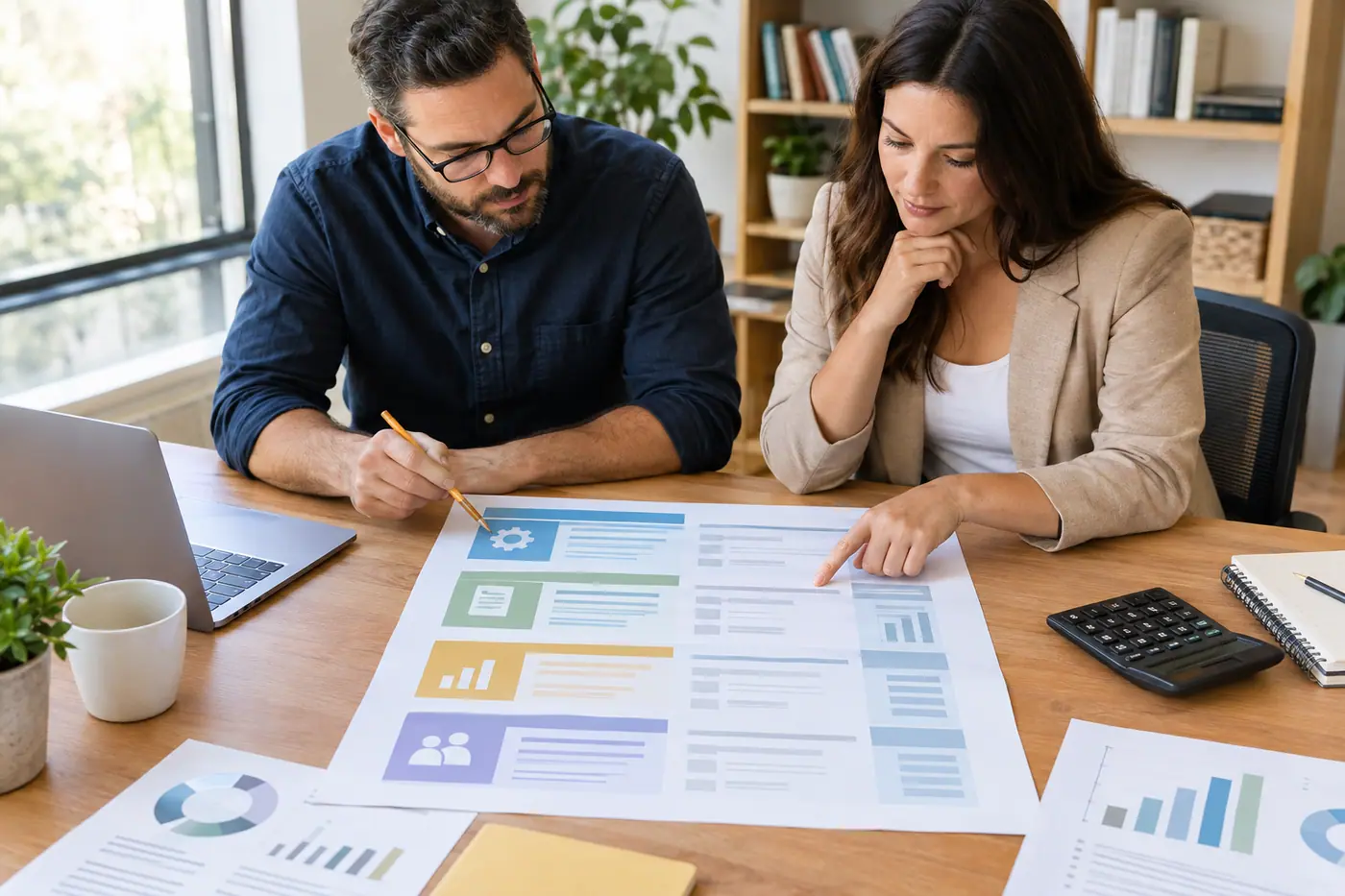 Business owners reviewing an SEO budget worksheet with sections for technical work, content, measurement, and customer value
