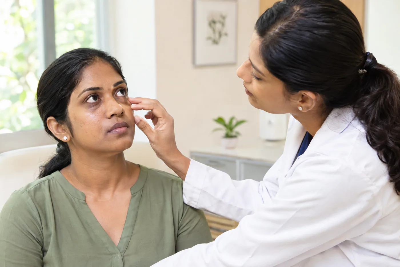Doctor examining a patient's under-eye area during a consultation for dark circles