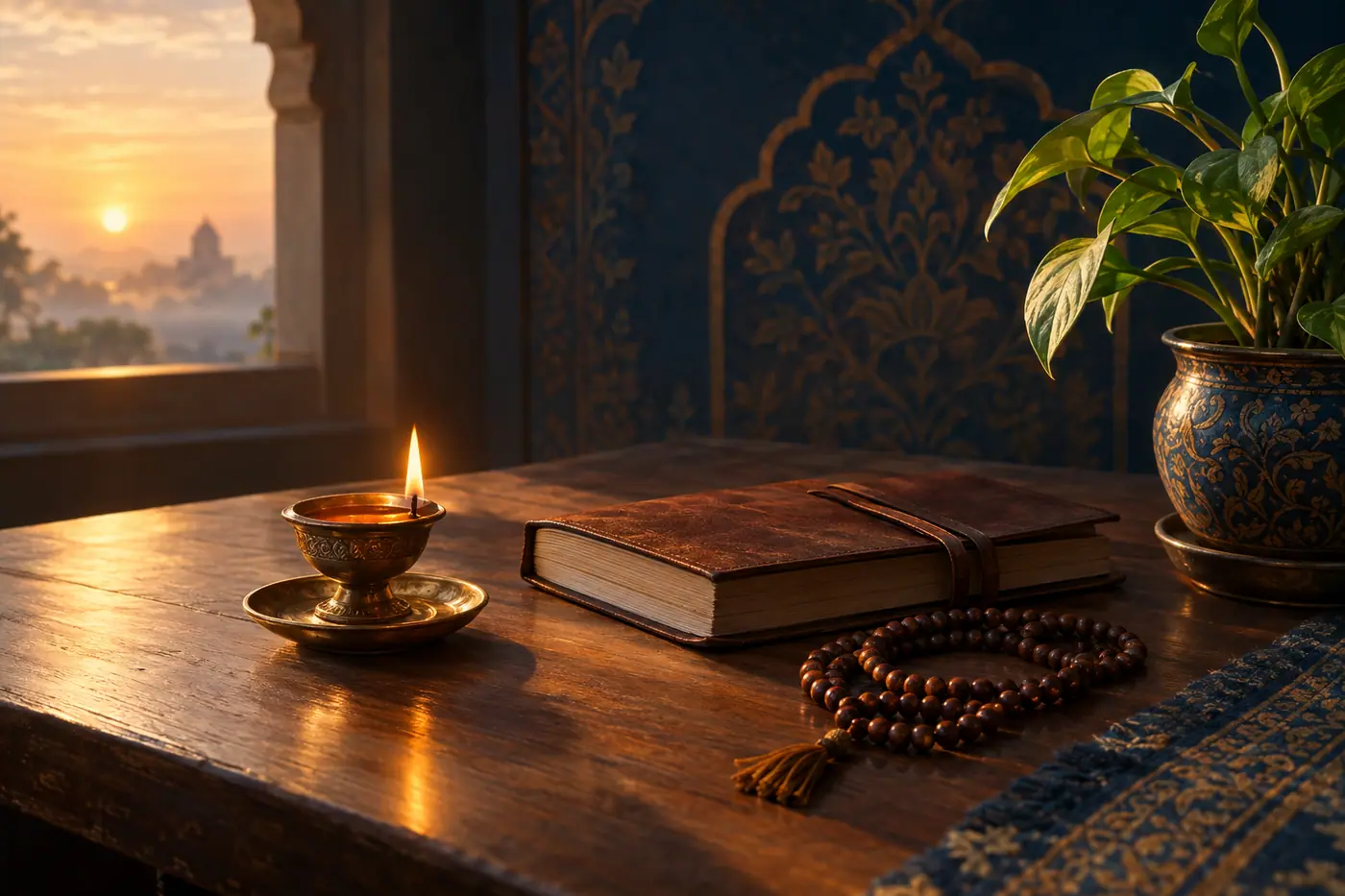 A glowing oil lamp beside a journal and prayer beads, illustrating reflective Vedic astrology remedies