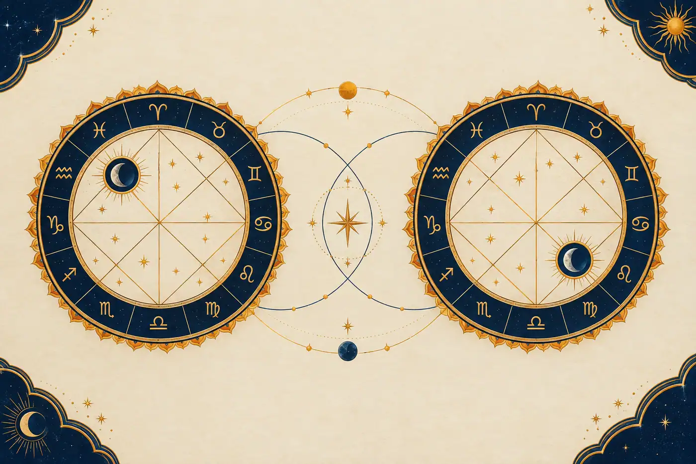 Two Vedic astrology birth charts compared for relationship compatibility