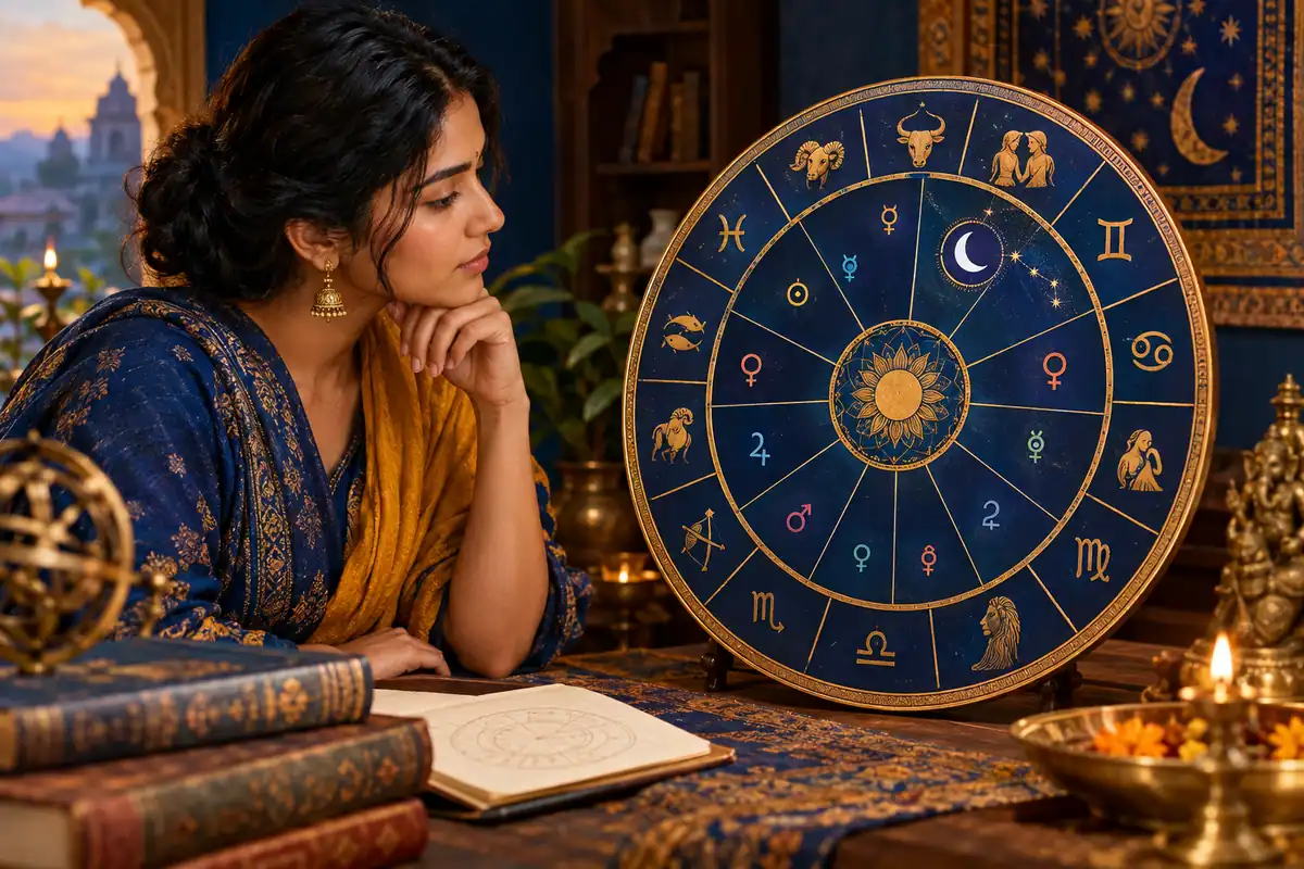 Illustrated Vedic birth chart wheel with zodiac signs, houses, planets, and a Moon nakshatra guide