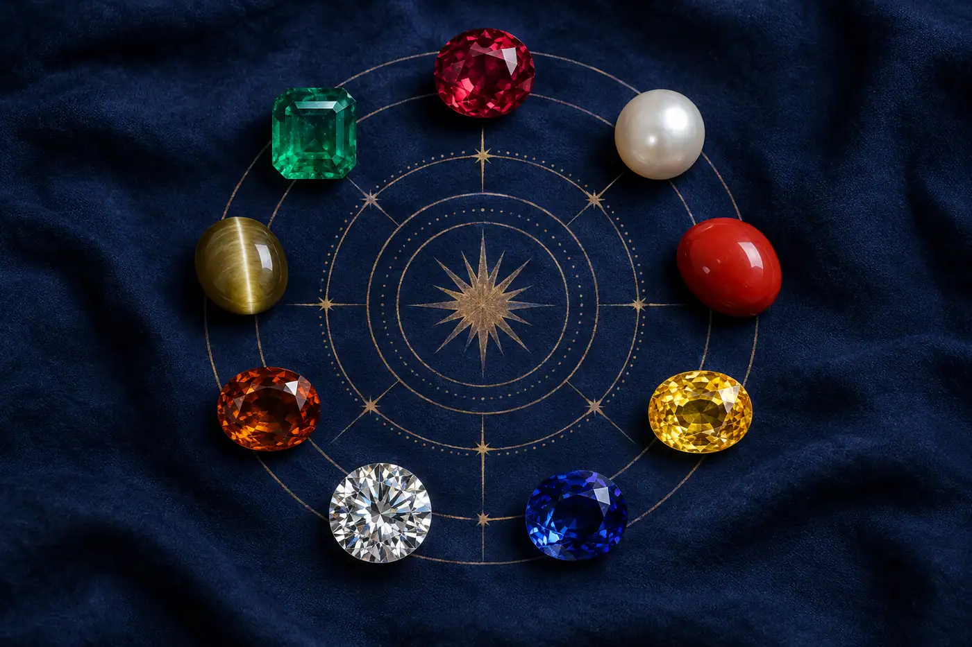 Colorful gemstones arranged in a circular zodiac-inspired composition for a Vedic astrology guide