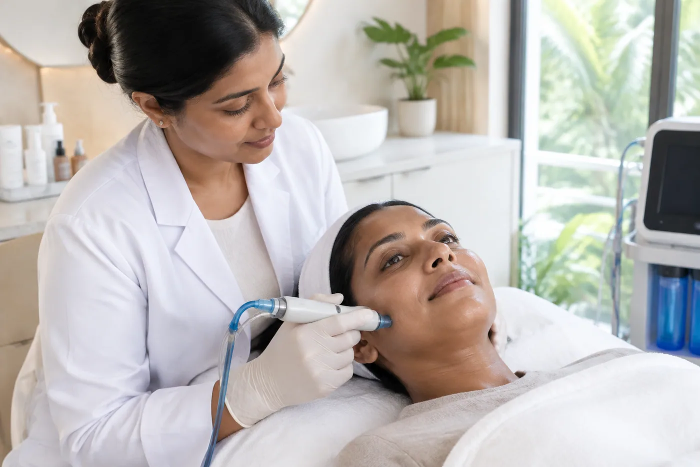 A clinician performing a gentle HydraFacial treatment on a woman in a modern Sri Lankan skin clinic