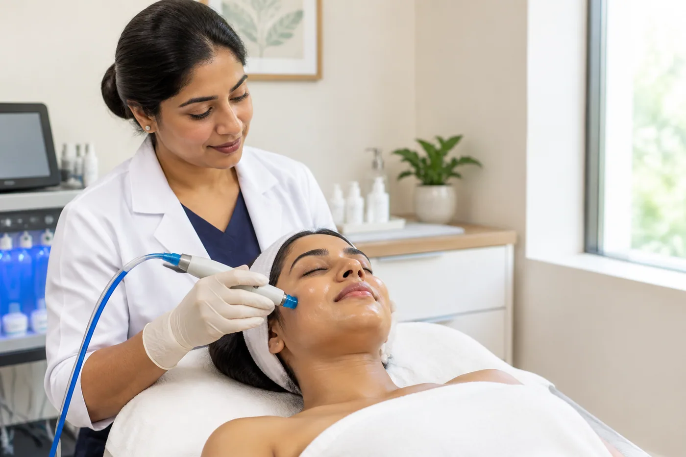 A clinician performing a gentle HydraFacial treatment on a patient in a bright modern skin clinic