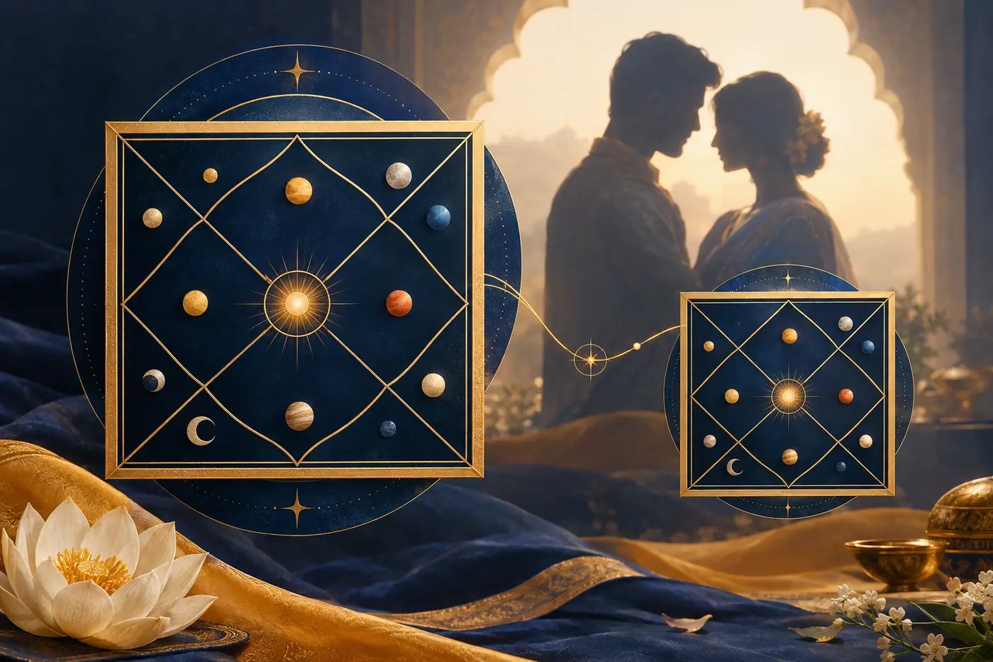 Illustrated Vedic astrology Navamsa chart beside a birth chart for relationship analysis