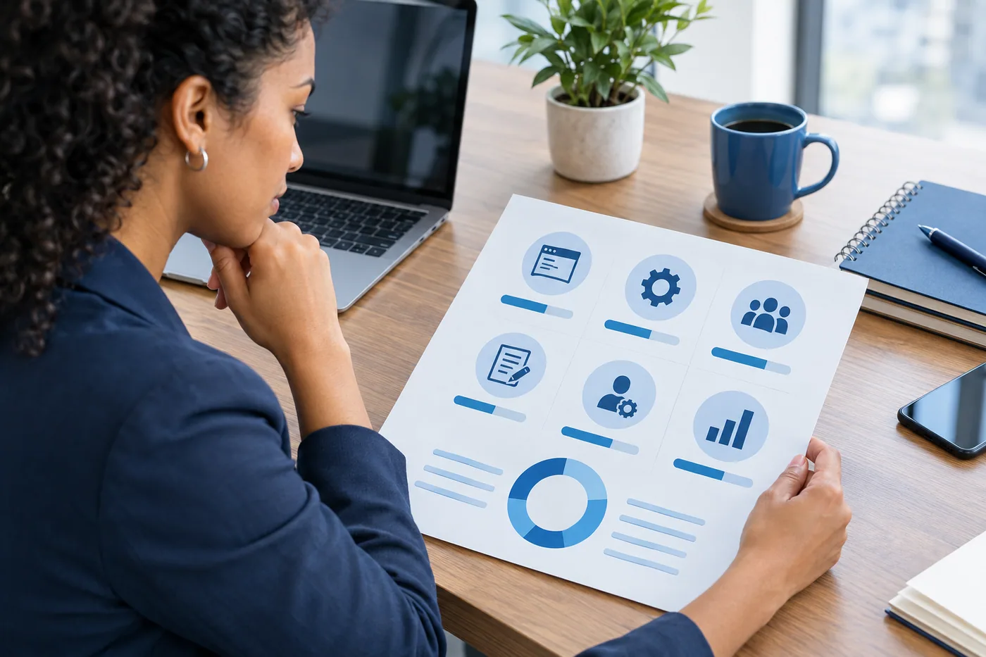 Business owner using a scorecard to plan an SEO budget by company size