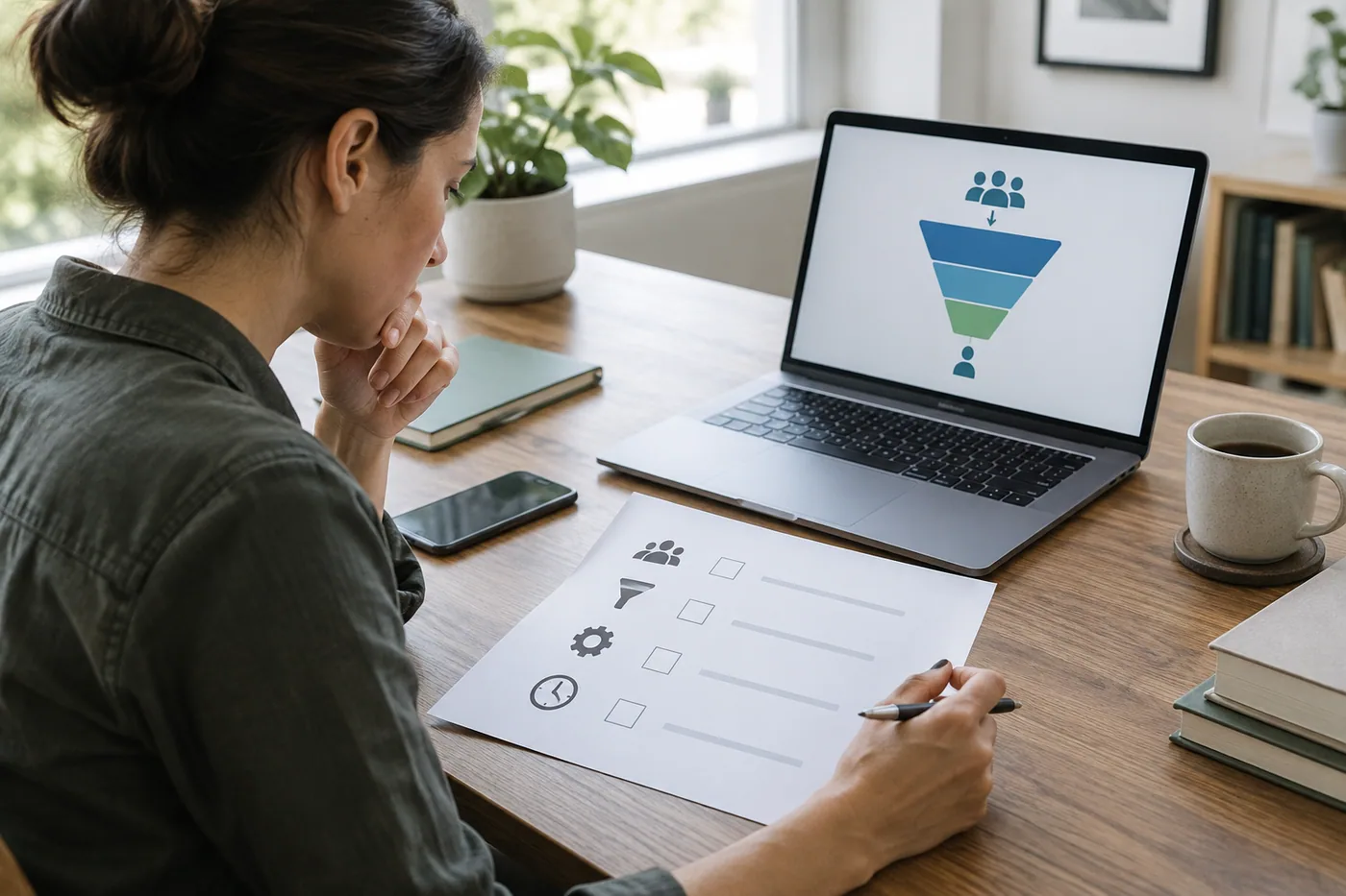 A small business owner reviewing a simple decision checklist for SEO readiness, including customer demand, website conversion, service capacity, and time horizon.