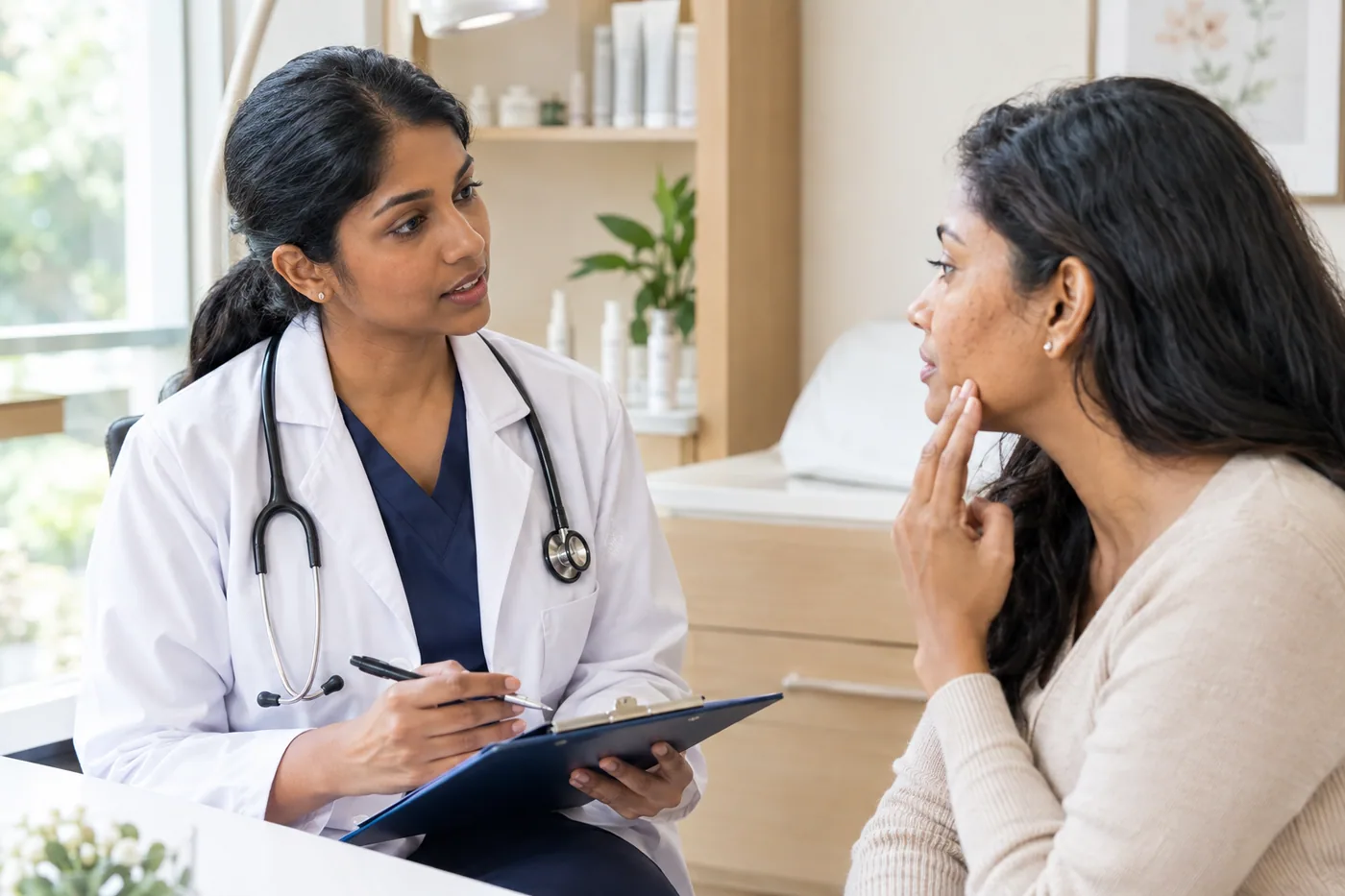 Doctor reviewing a patient’s medical history and skin concerns during a clinic consultation