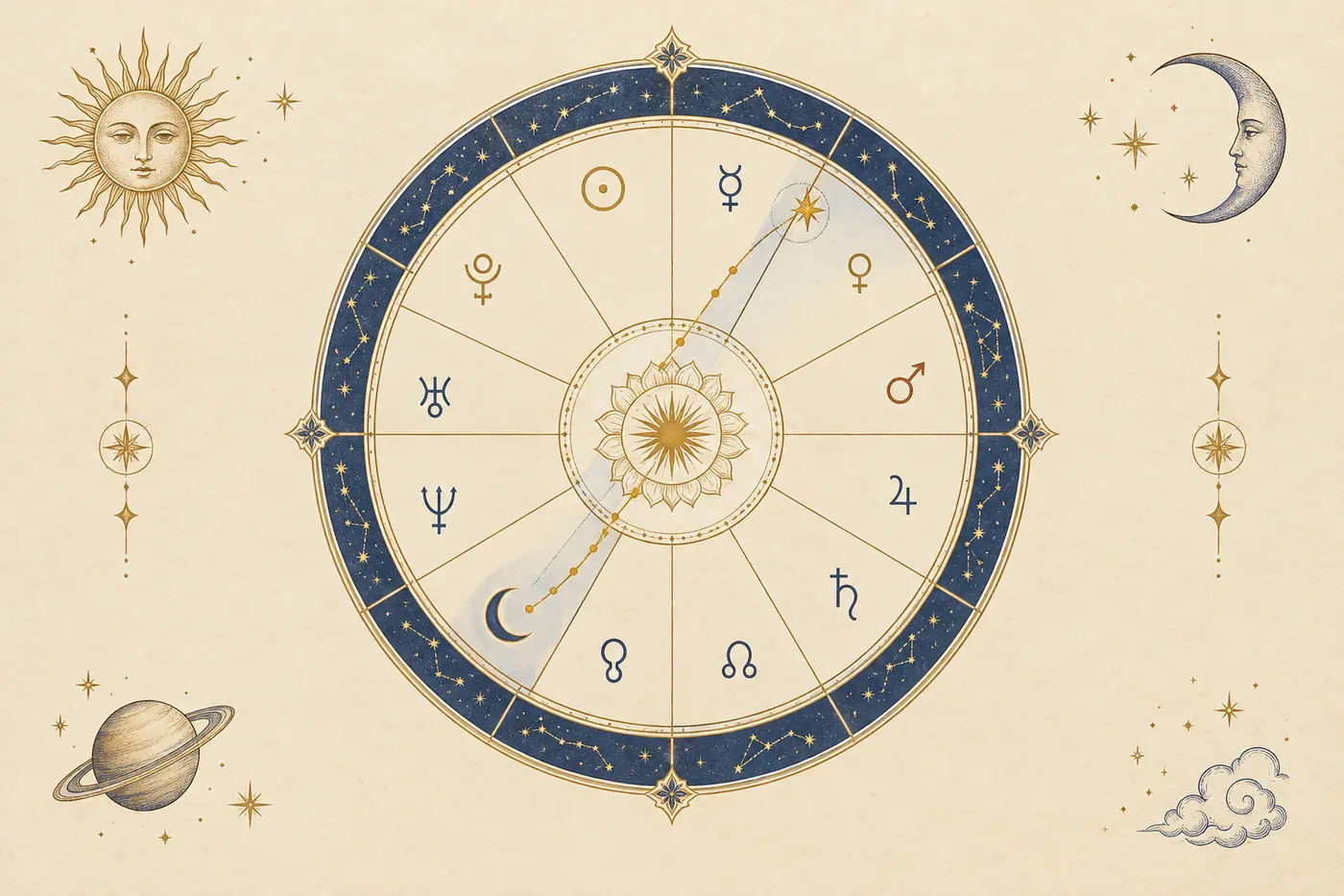 Illustration of a Vedic birth chart showing houses, planets, and the Moon’s nakshatra