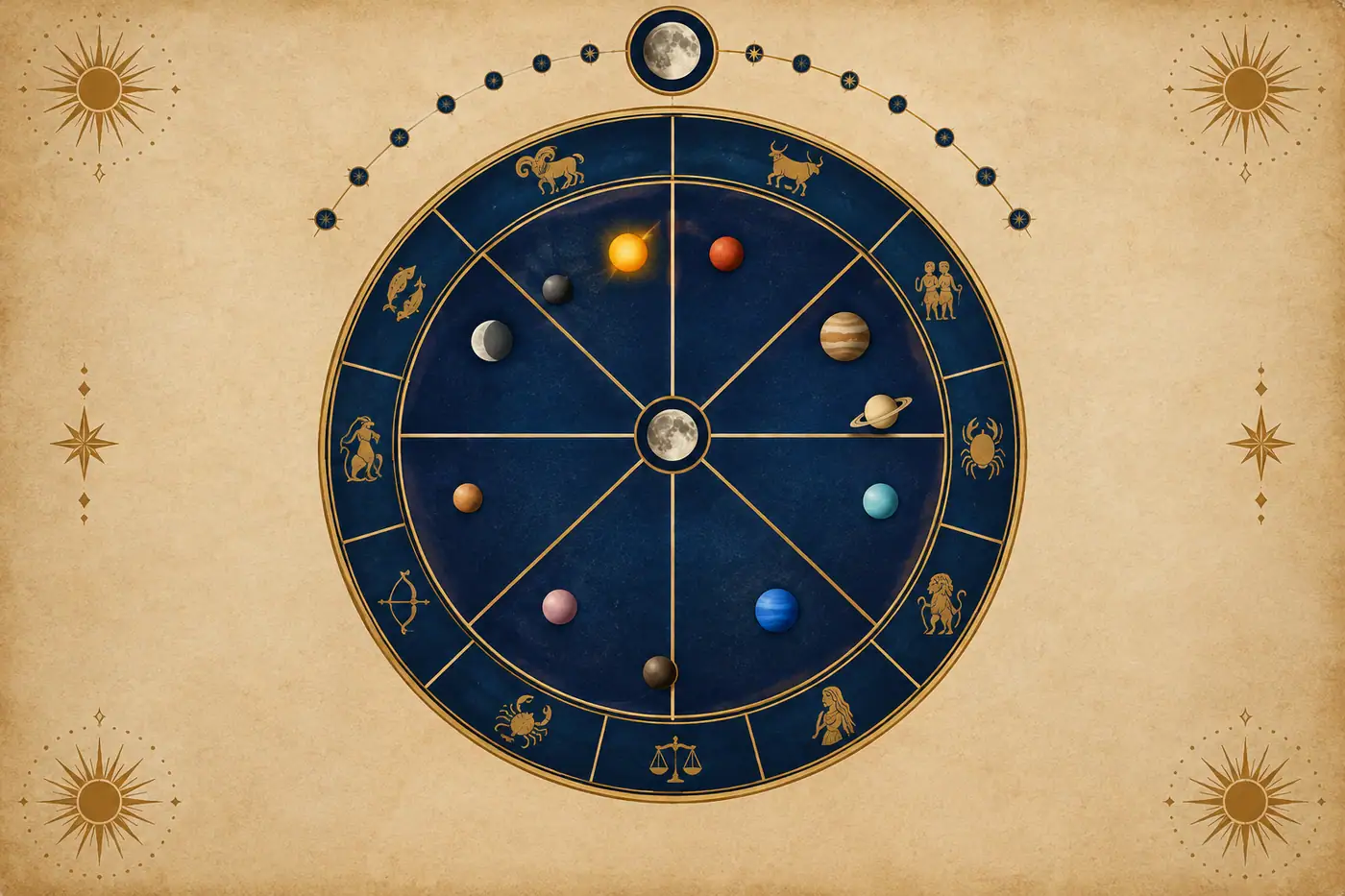 Illustration of a Vedic birth chart showing houses, planets, and the Moon’s nakshatra