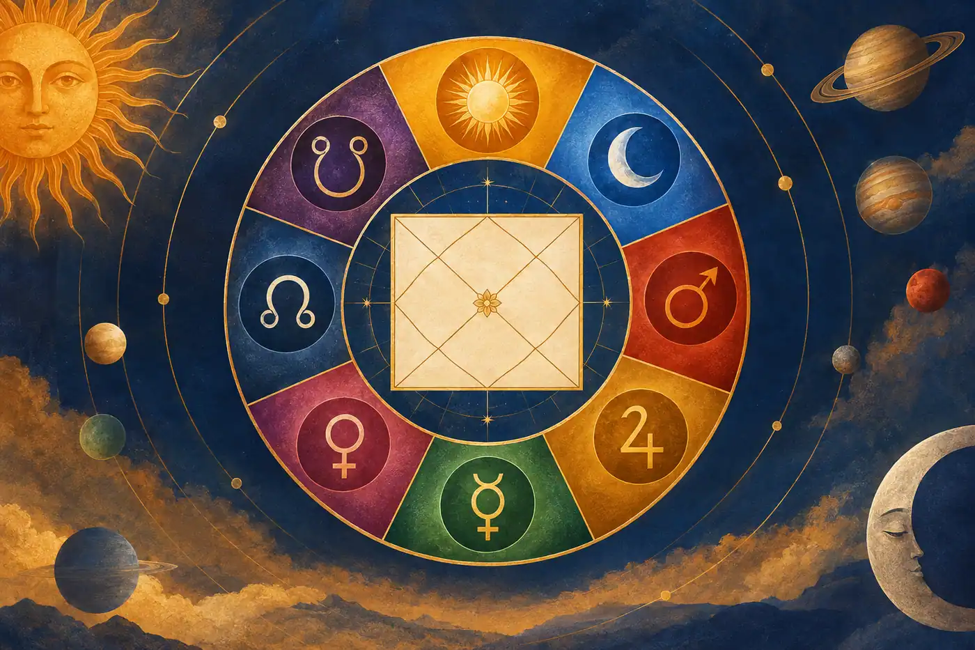Illustration of the Vedic dasha system as a circular sequence of planetary periods around a birth chart