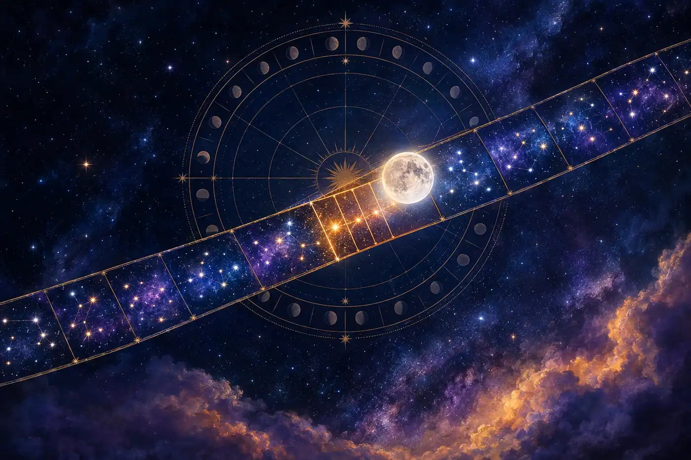 Illustration of the Moon moving through Vedic nakshatra lunar mansions