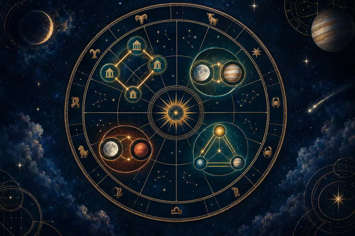 Illustration of a Vedic astrology chart with planetary connections associated with wealth and achievement yogas