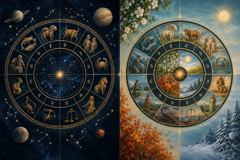 Illustration comparing sidereal and tropical zodiac frameworks with planetary chart symbols